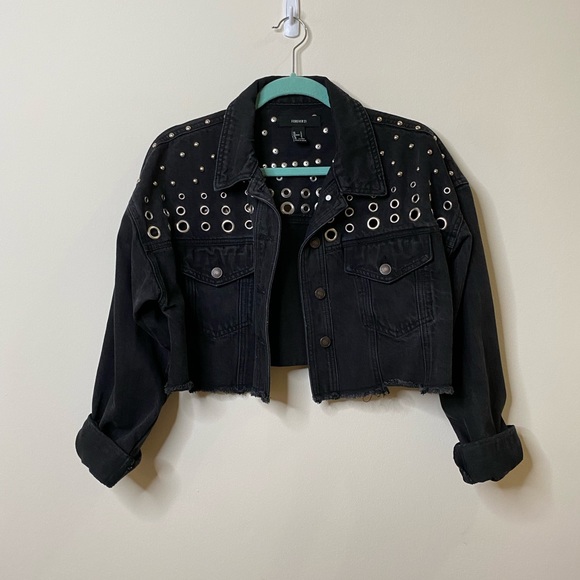 Black Cropped Jean Jacket with Silver Studs - Picture 1 of 3